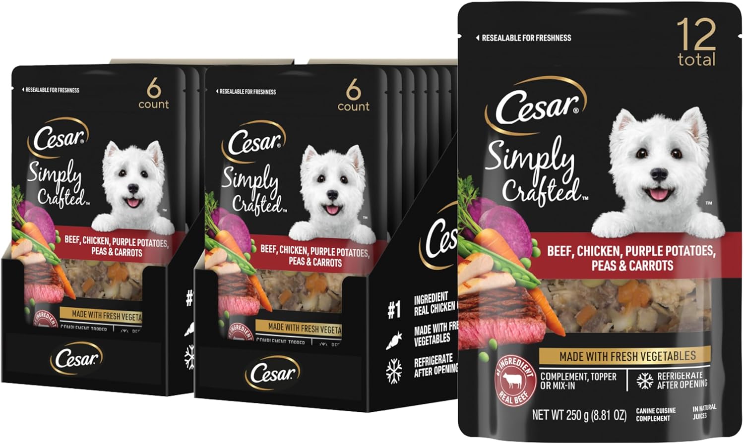 Cesar Simply Crafted Adult Wet Dog Food Toppers for Dry Food, Wet Food for Dogs, Chicken, Carrots, Potatoes & Peas, 8.82 oz. Pouches, 6 Count (Pack of 2) - Image 10