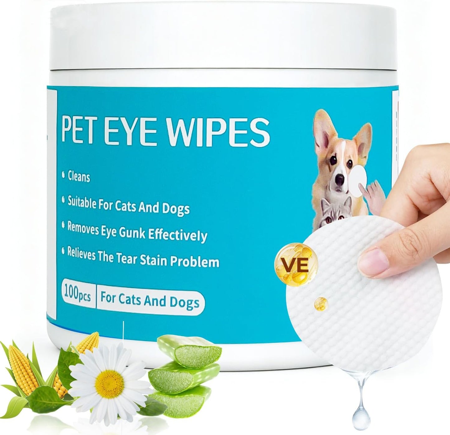 Falatong Gentle Pet Eye Wipes 100 Count container front view showing packaging details