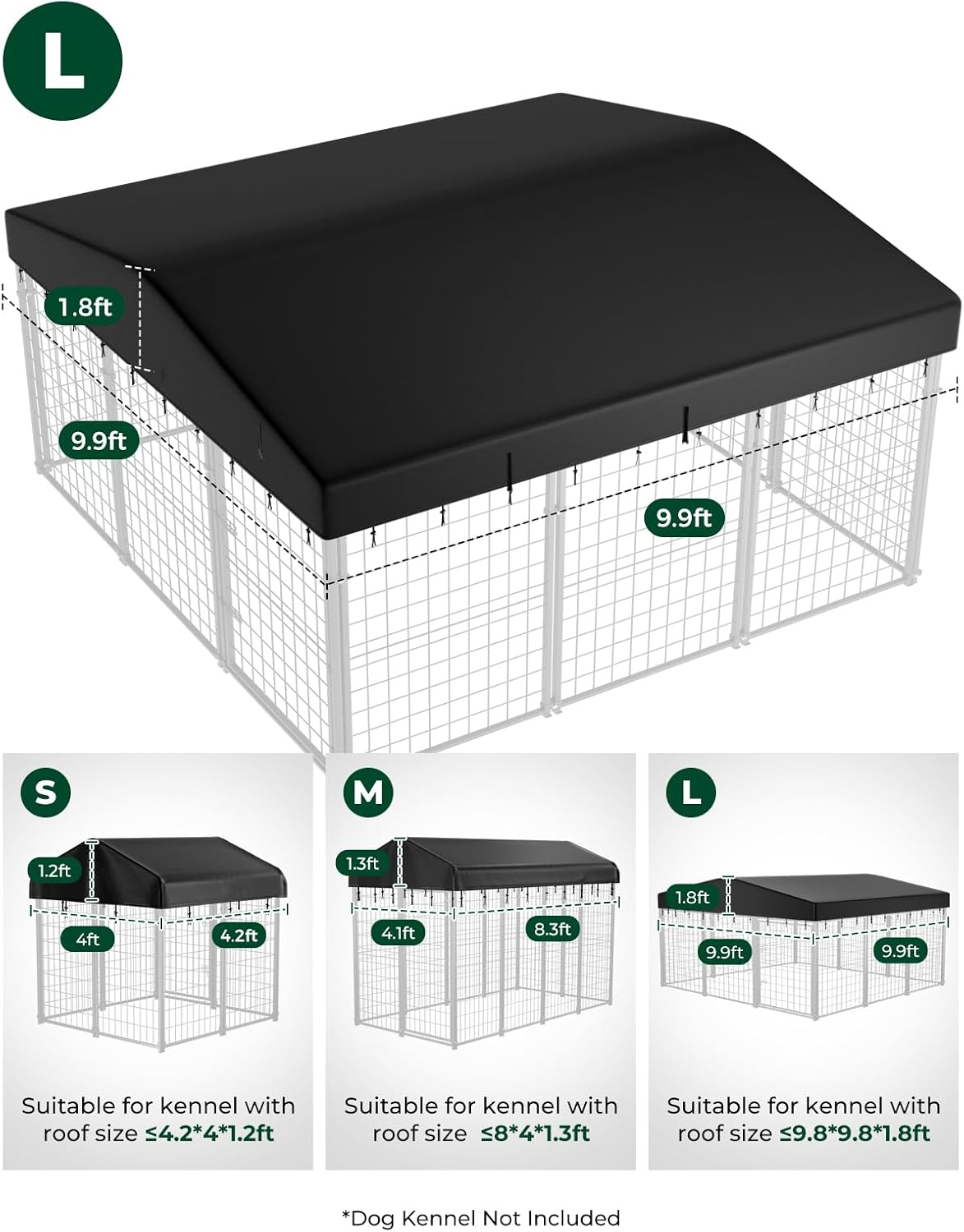 Full view of the installed PawGiant black protective roof cover on a large outdoor pet run.