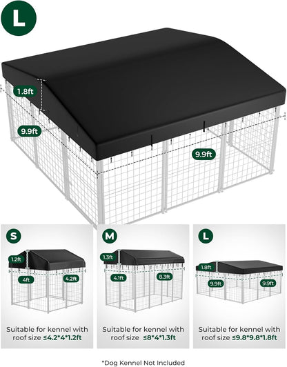Full view of the installed PawGiant black protective roof cover on a large outdoor pet run.