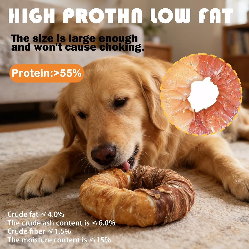 Natural dog dental chew texture showing real chicken and duck meat