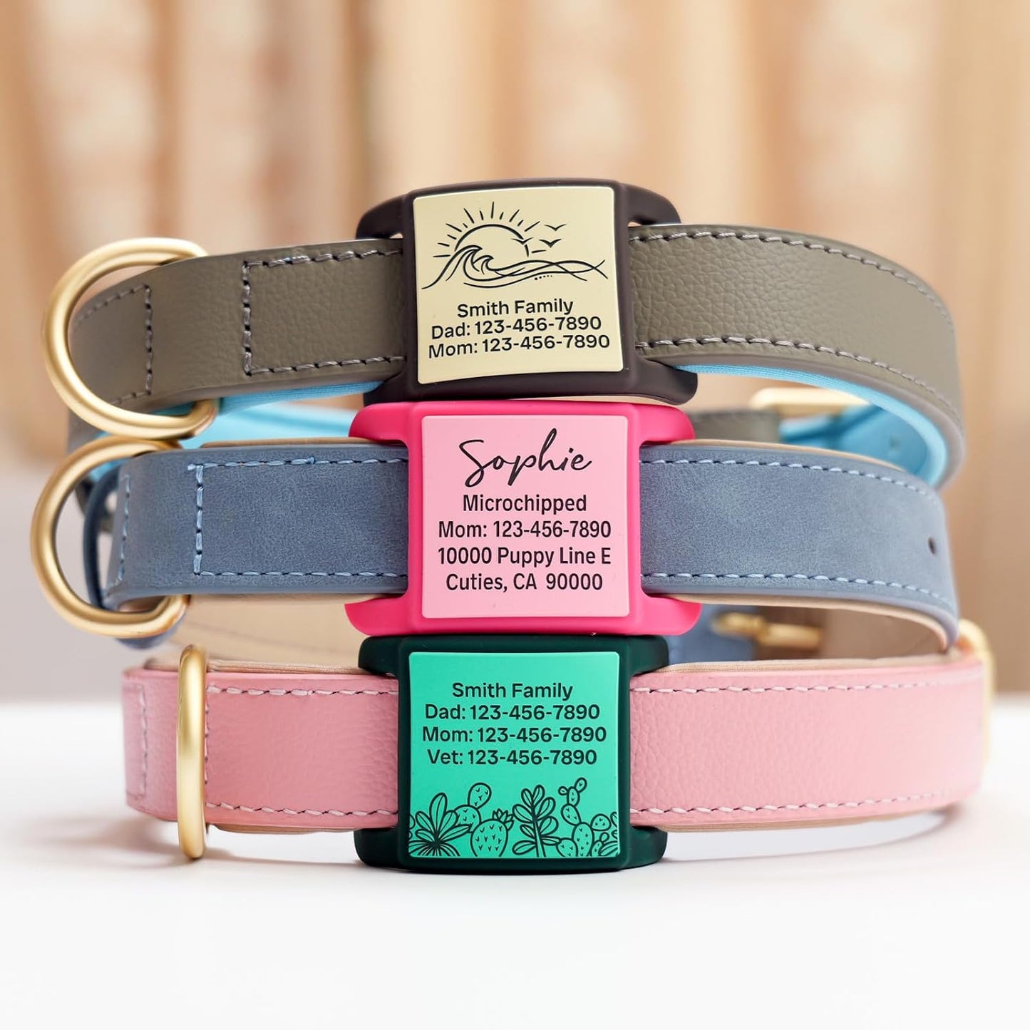 Noise-free colorful pet collar nameplate in pink and blue options close up