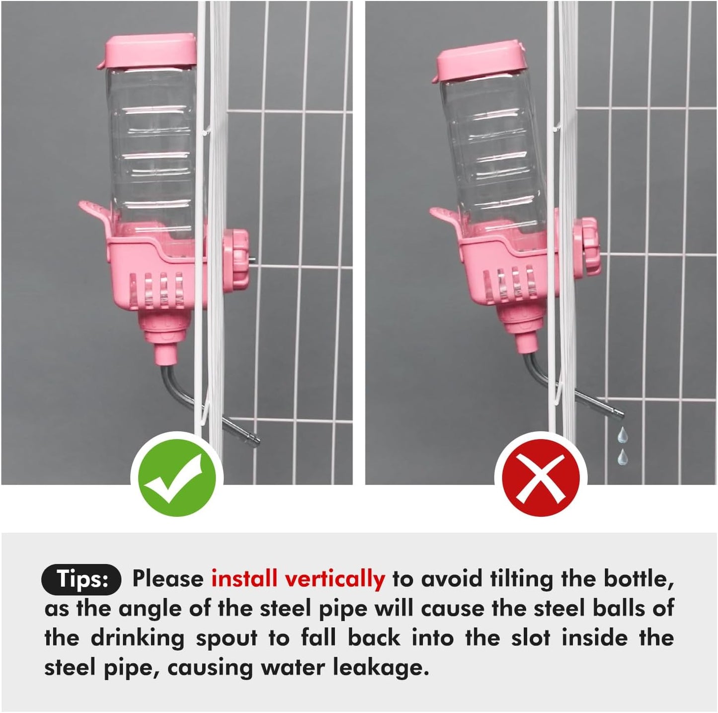 Vannon Small Animal Water Dispenser for Cage, 30oz Auto Feeding Crate Water Bottle for Rabbit, Chinchilla, Ferret, Guinea Pig, Squirrel, Hedgehog, Pet Nozzle Diameter: 10mm, BPA Free, Pink - Image 2