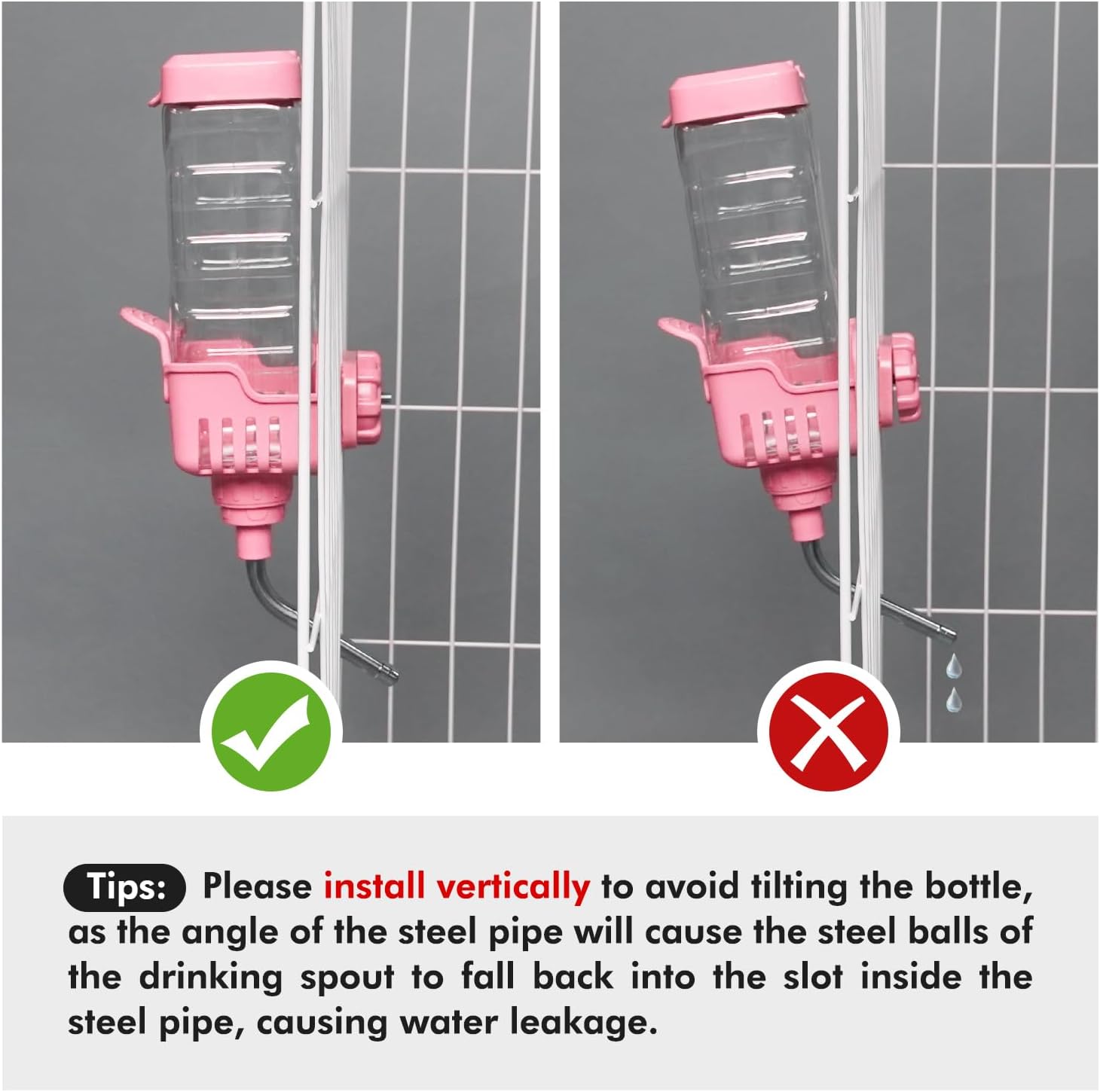 Vannon Small Animal Water Dispenser for Cage, 30oz Auto Feeding Crate Water Bottle for Rabbit, Chinchilla, Ferret, Guinea Pig, Squirrel, Hedgehog, Pet Nozzle Diameter: 10mm, BPA Free, Pink - Image 2