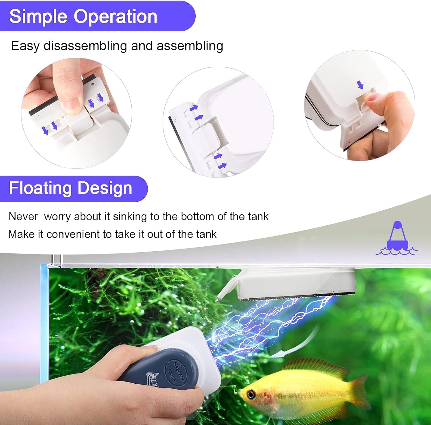 AQQA aquarium strong magnetic tool showing the non slip streamlined grip for easy glass maintenance.