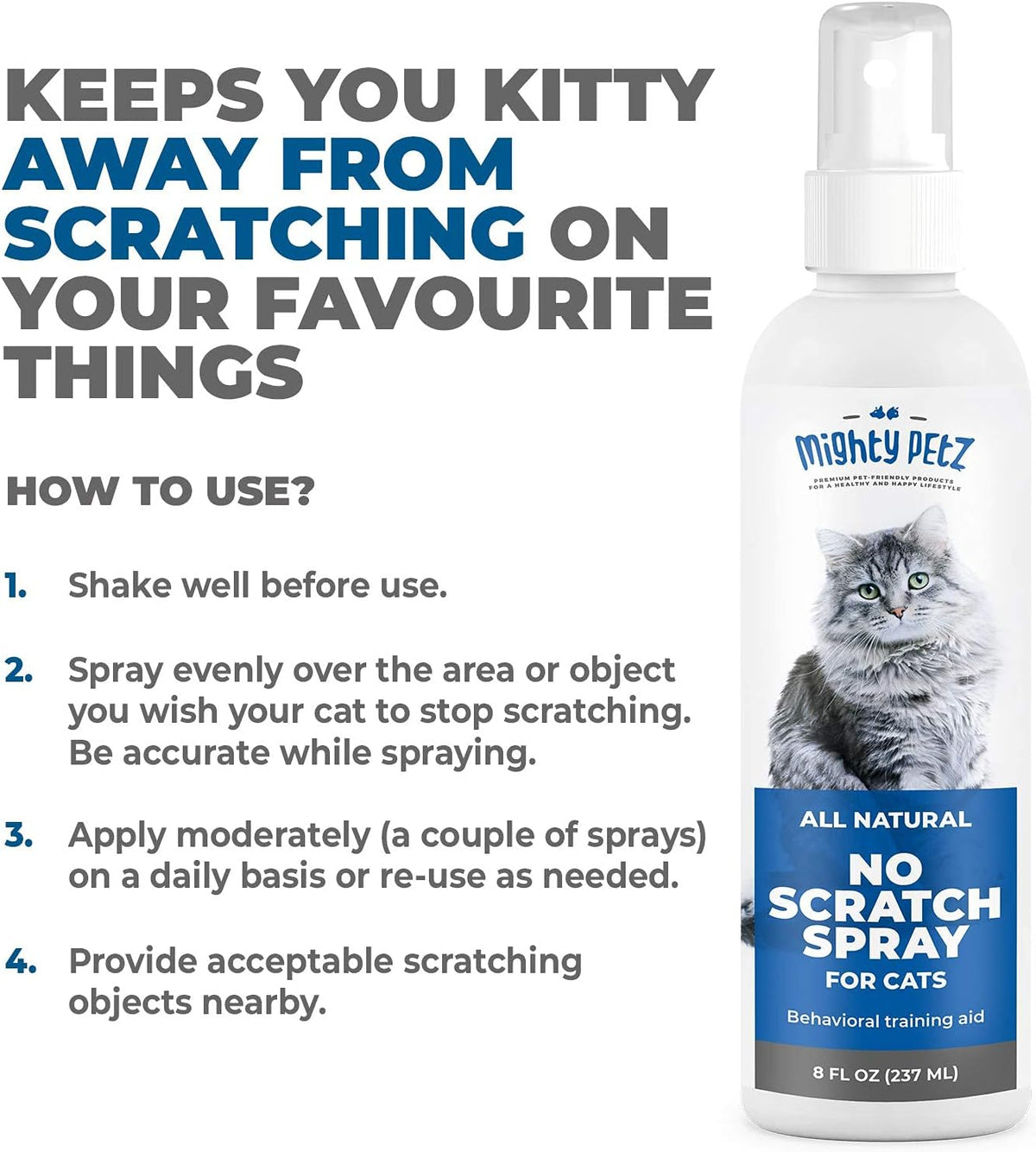 Mighty Petz cat deterrent spray bottle angled display against white background