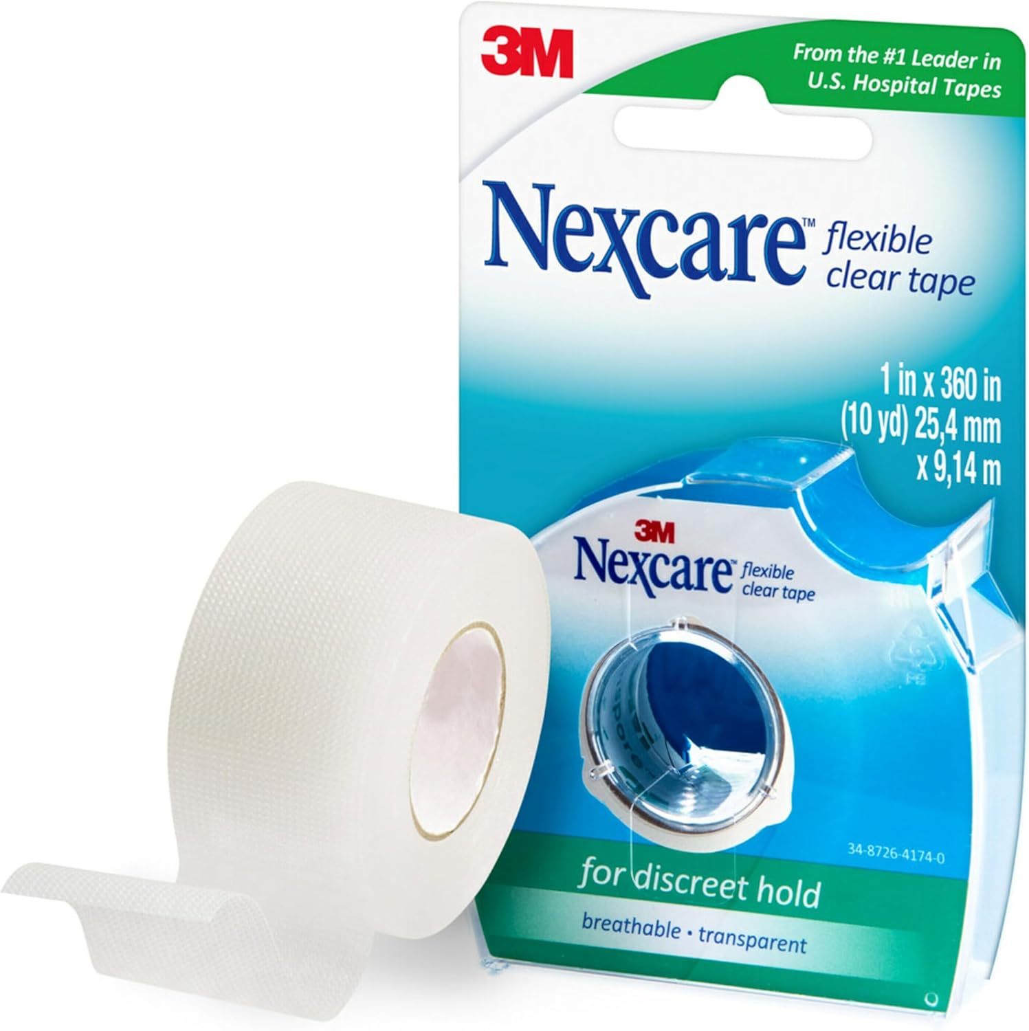 Nexcare flexible clear tape front view showing the transparent medical adhesive roll in a protective dispenser