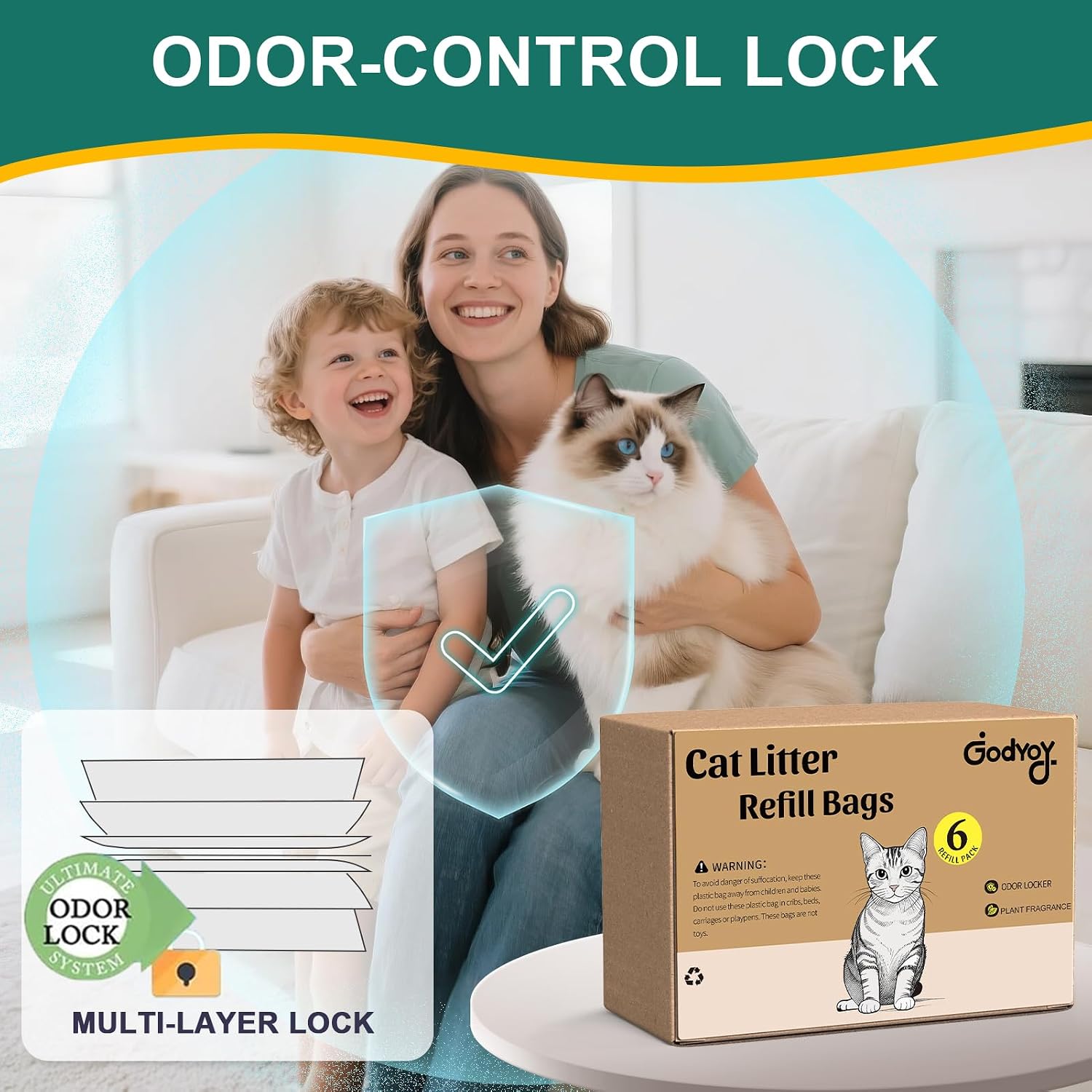Authentic USA imported Godyoy pet waste liners package layout.