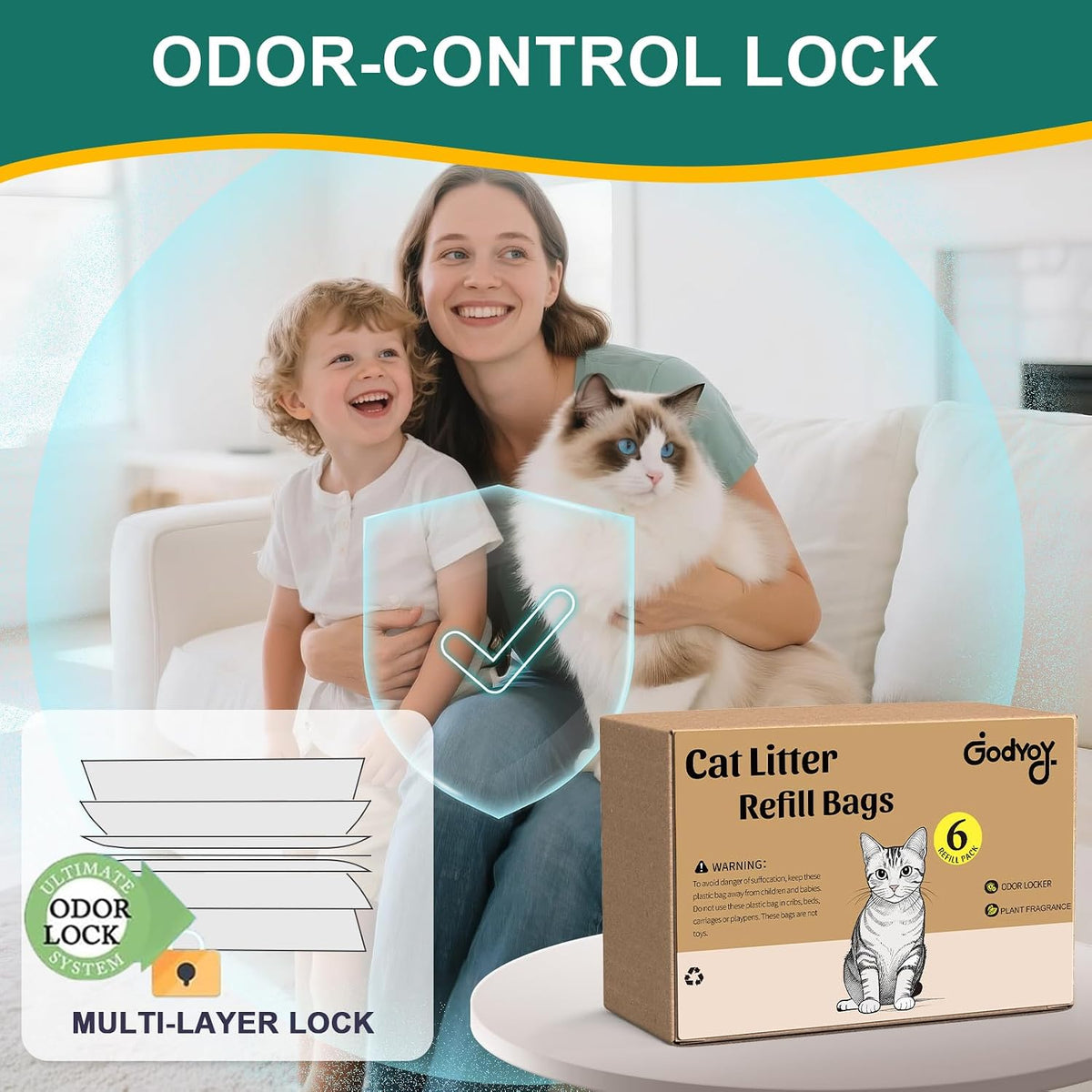 Authentic USA imported Godyoy pet waste liners package layout.