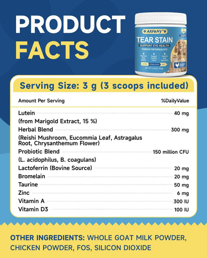 Tear Stain Remover for Dogs & Cats, Daily Support for Overall Eye Health | Cat & Dog Tear Stain Supplement With Lutein, Zinc, Lactoferrin, Vitamins, For All Breeds, Chicken Flavor - Image 9