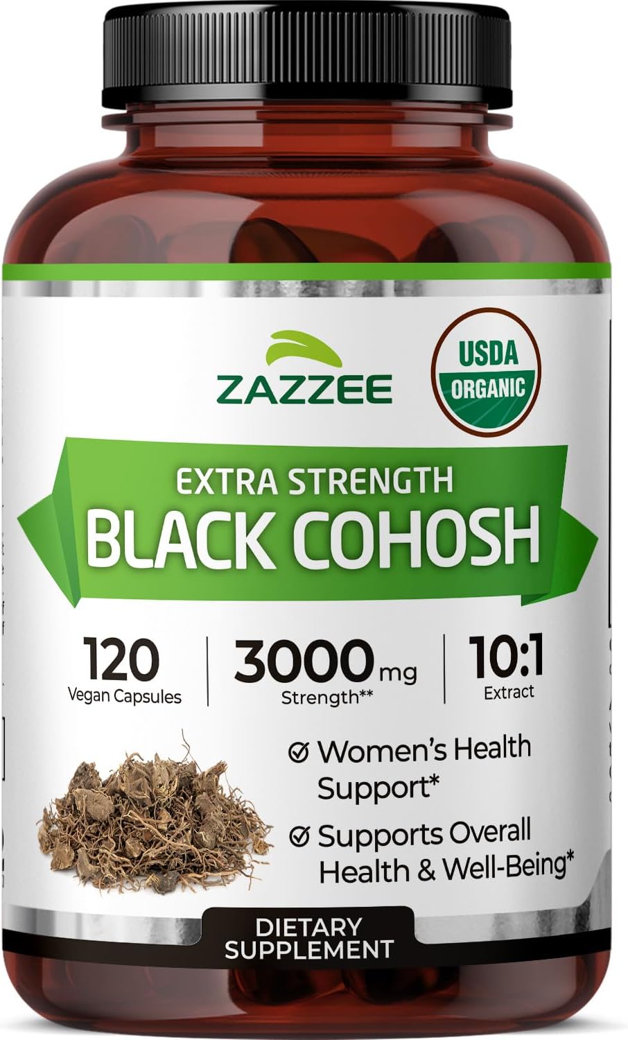 Zazzee USDA Organic Black Cohosh 3000mg supplement bottle front view