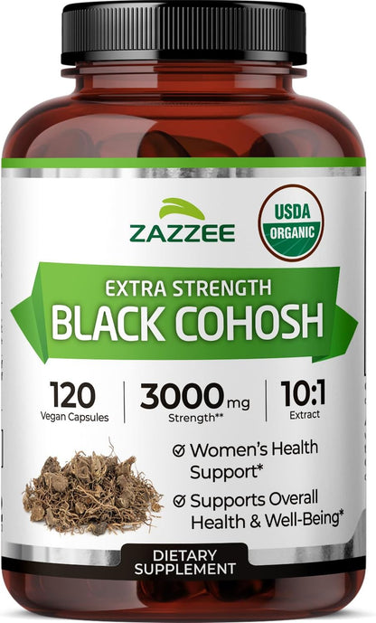 Zazzee USDA Organic Black Cohosh 3000mg supplement bottle front view
