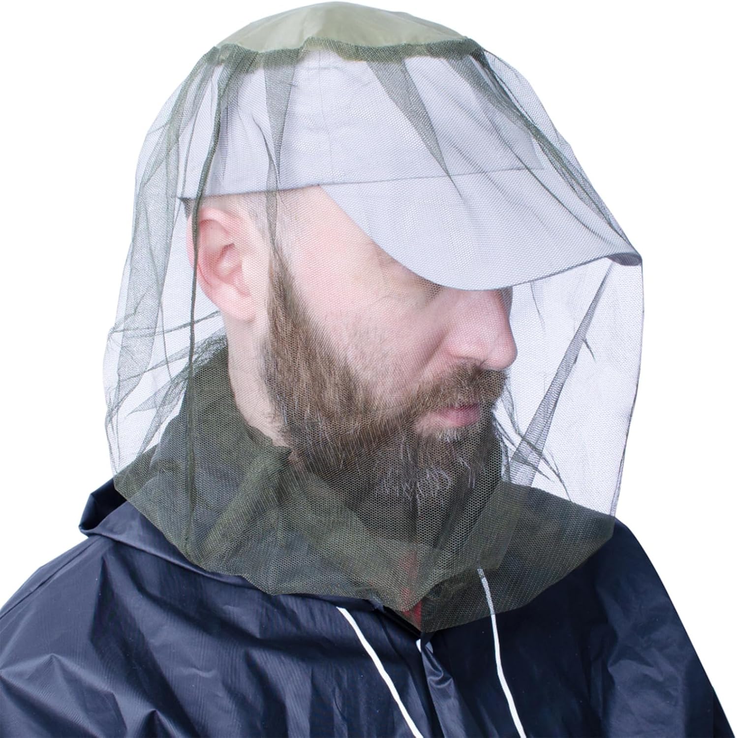 Pamir black outdoor mosquito head net worn over a hat