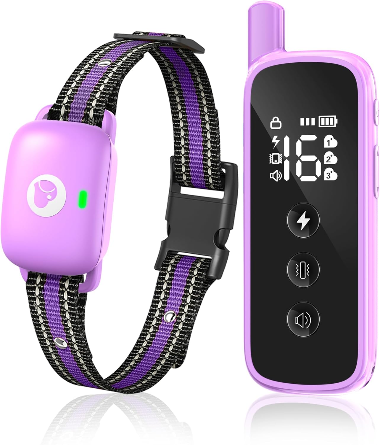 PETURE Heaflex dog shock collar front view with purple remote control and receiver