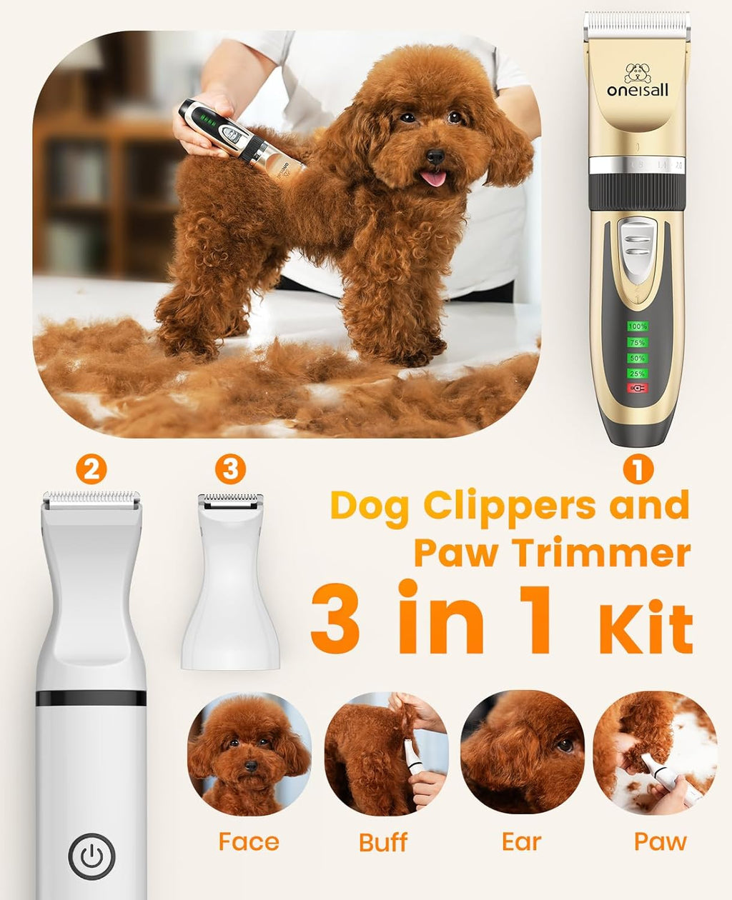 Cordless low noise pet hair trimmer with standard gold blade and digital display