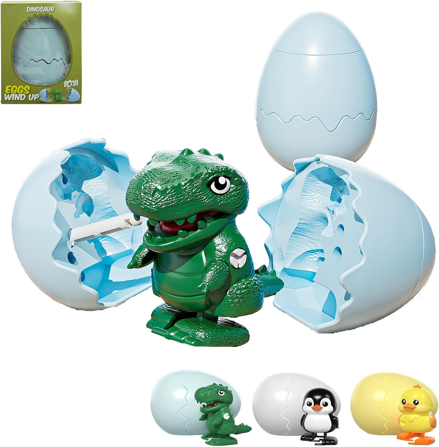 PMDYBY wind up surprise egg front view showing green dinosaur hatching from a cracked white shell