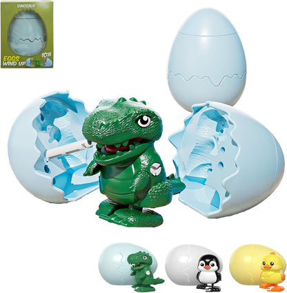PMDYBY wind up surprise egg front view showing green dinosaur hatching from a cracked white shell