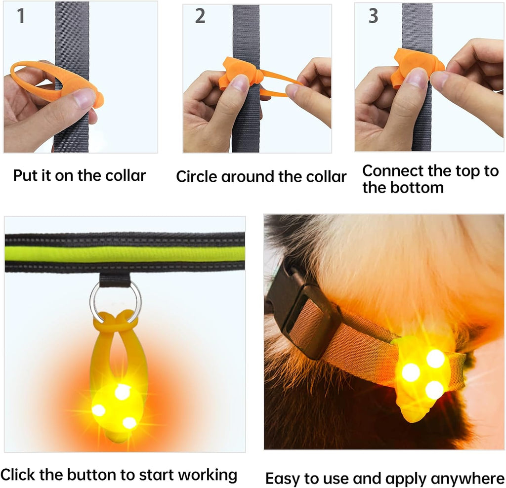 Orange circular LED pet safety light illuminating up to one thousand feet