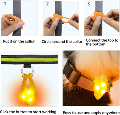 Orange circular LED pet safety light illuminating up to one thousand feet