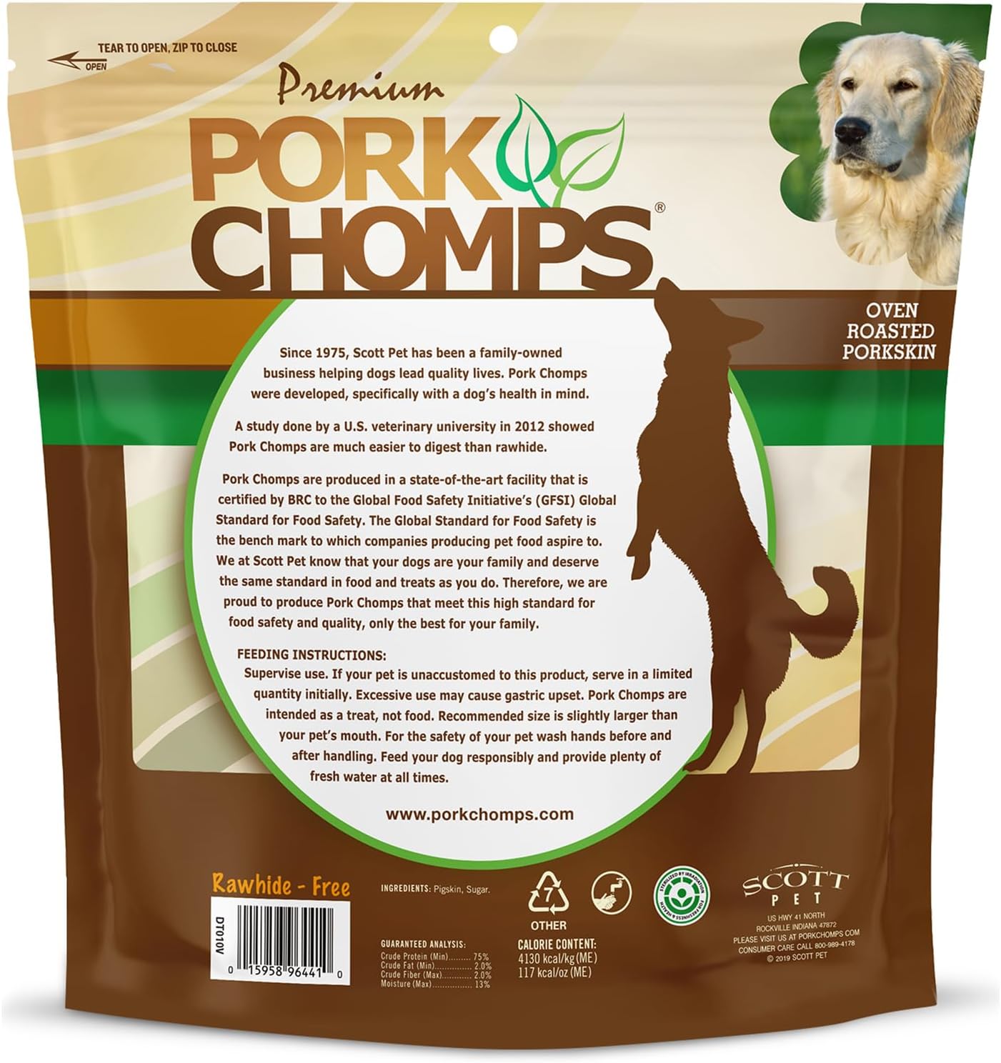Authentic USA imported Pork Chomps six inch healthy pet treats on a clean background