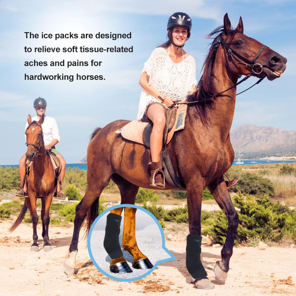 Two reusable gel inserts alongside the soft blue horse ice wrap