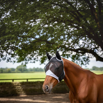 Close up of soft ear coverage on horse fly mask
