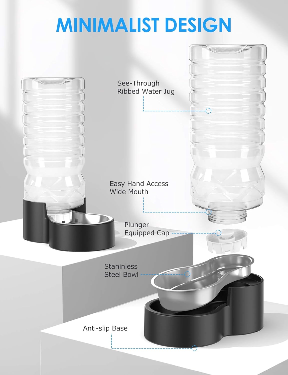 Close-up of the food-grade stainless steel drinking bowl on the Heouvo water dispenser.