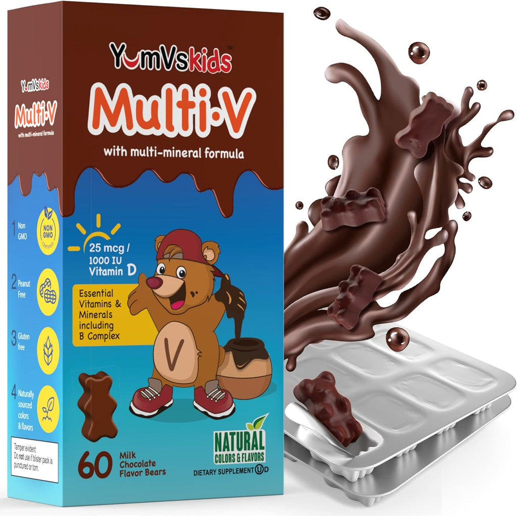Yum-V's Kids Multivitamin Chewable Chocolate Bears 60 count bottle front view