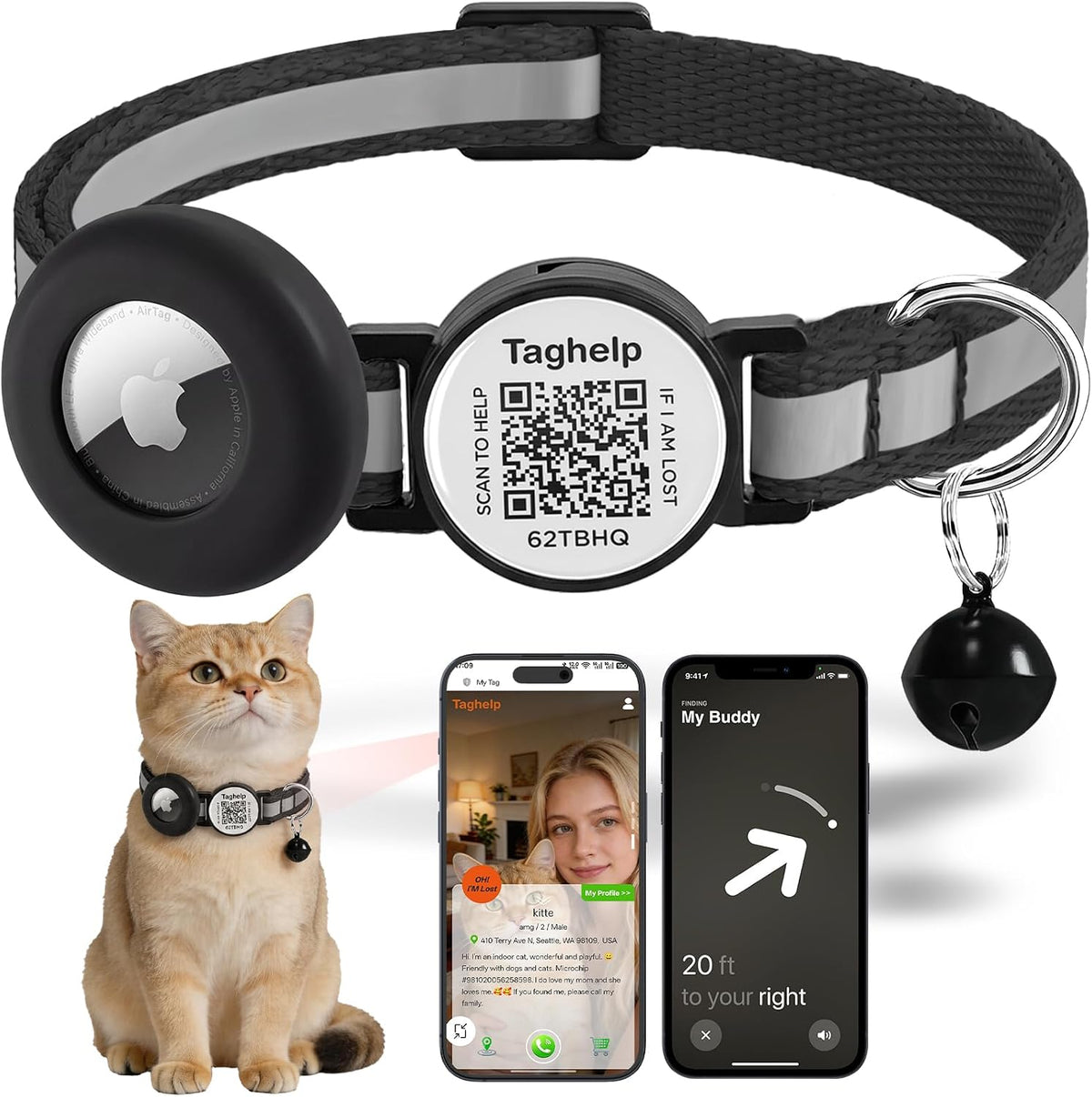Reflective AirTag Cat Collar, Integrated Cat Collar with Air Tag Holder and Bell, Breakaway with QR Code Name Tag,Safety Elastic Band Cat Collars for Girl Boy Cats, Kittens and Puppies (Blue) - Image 14