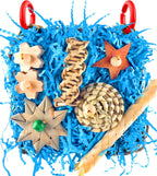 Bird foraging wall toy layout with assorted chewable elements