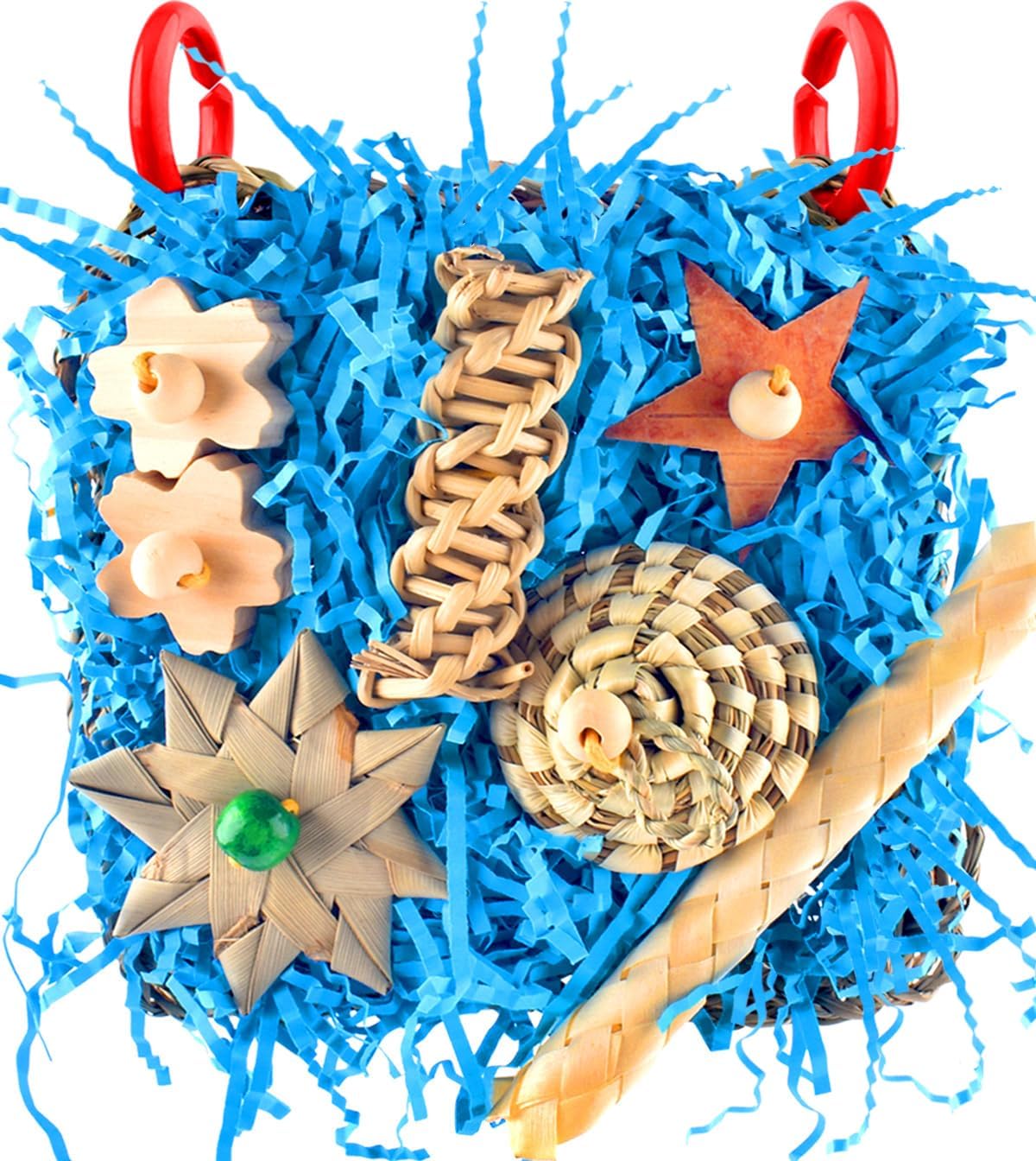 Bird foraging wall toy layout with assorted chewable elements