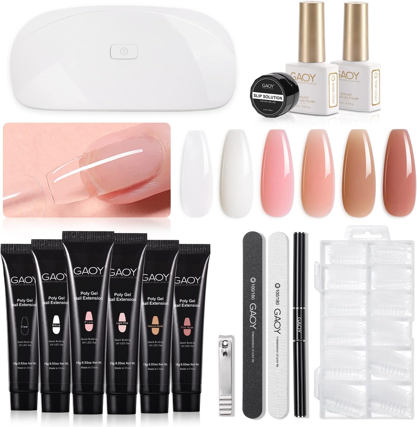 GAOY Poly Gel Nail Kit with UV Light and 6 builder gel tubes front view