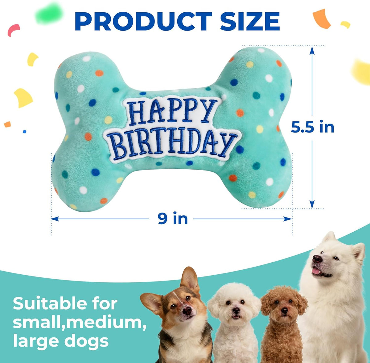 Imported dog birthday supplies including the colorful crinkle bone toy