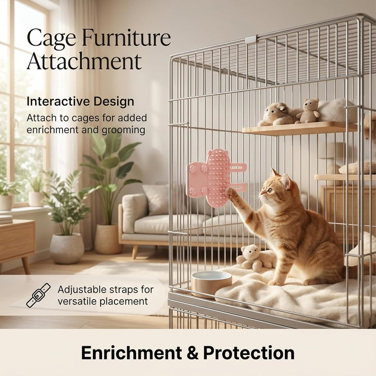 Generisch cat self groomer attached to a wooden table leg