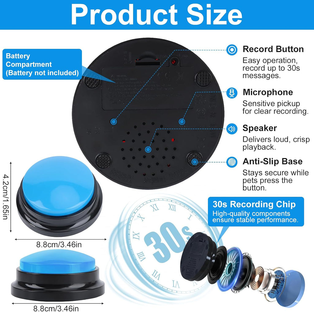 Close up of recordable pet talking buttons with action stickers attached for speech training