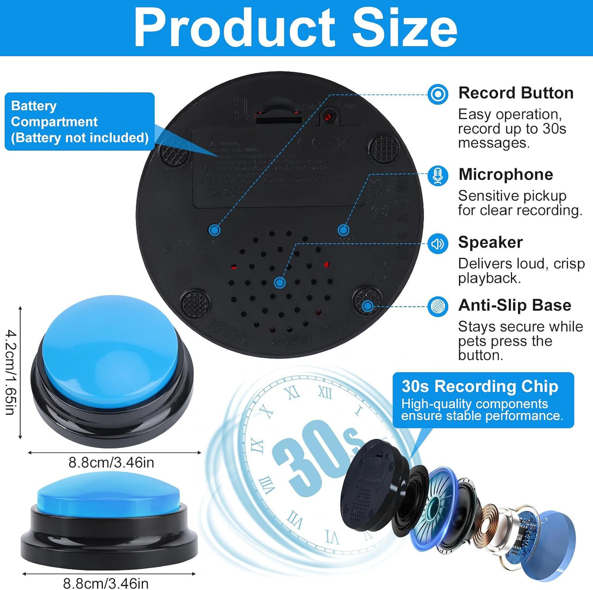 Close up of recordable pet talking buttons with action stickers attached for speech training