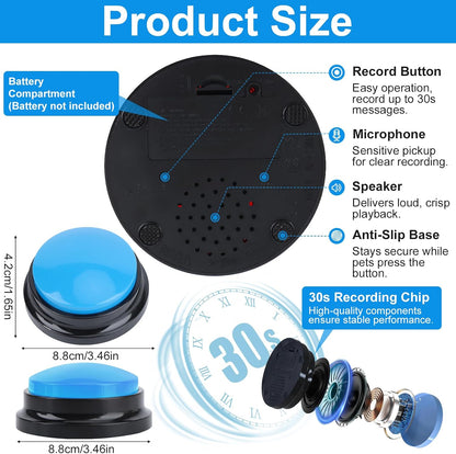 Close up of recordable pet talking buttons with action stickers attached for speech training
