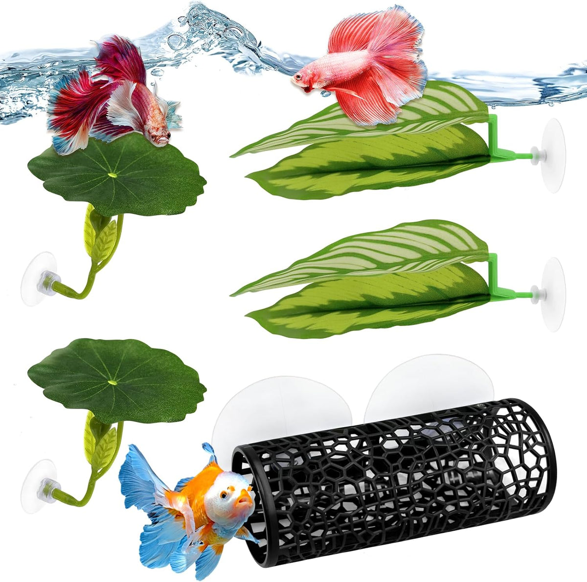 EQUNROY five piece betta hammock and fish toys set front view showcasing the full contents on aquarium glass.