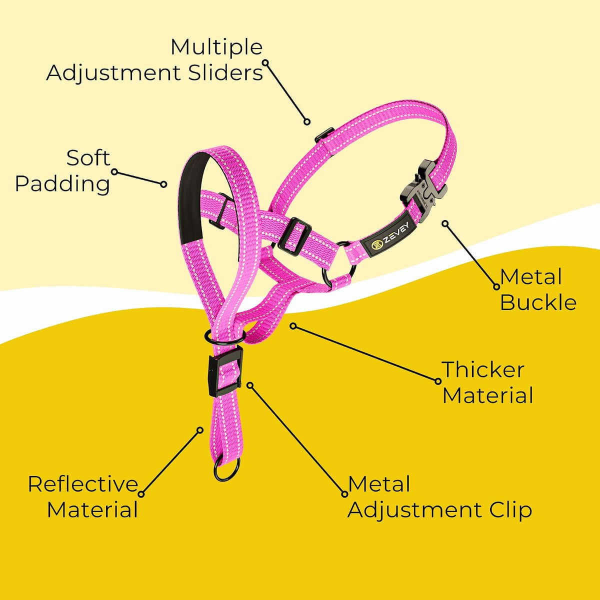 Pink ZEVEY gentle leader style dog face harness quick release buckle close up