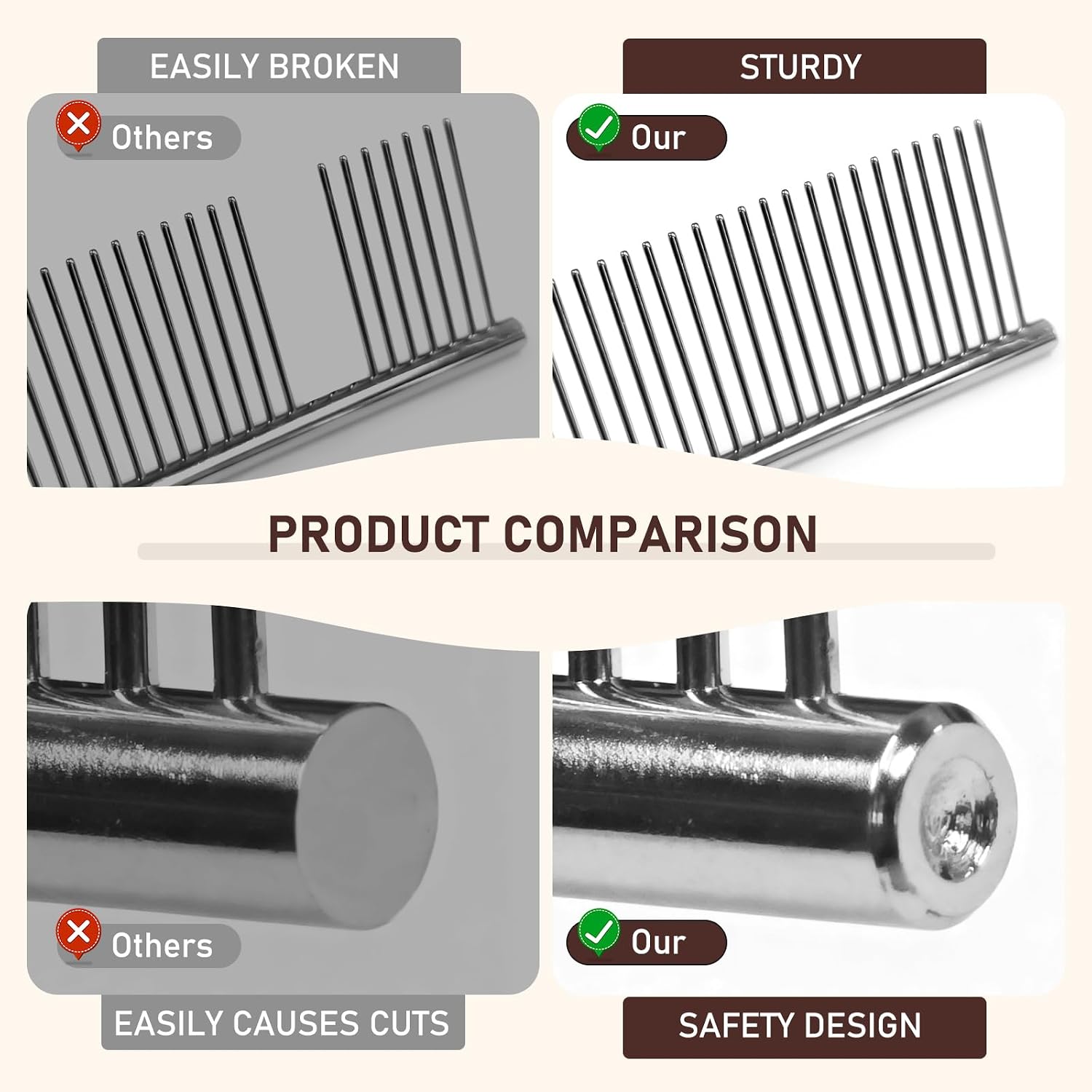 Detailed view of dual density teeth on WRW pet comb