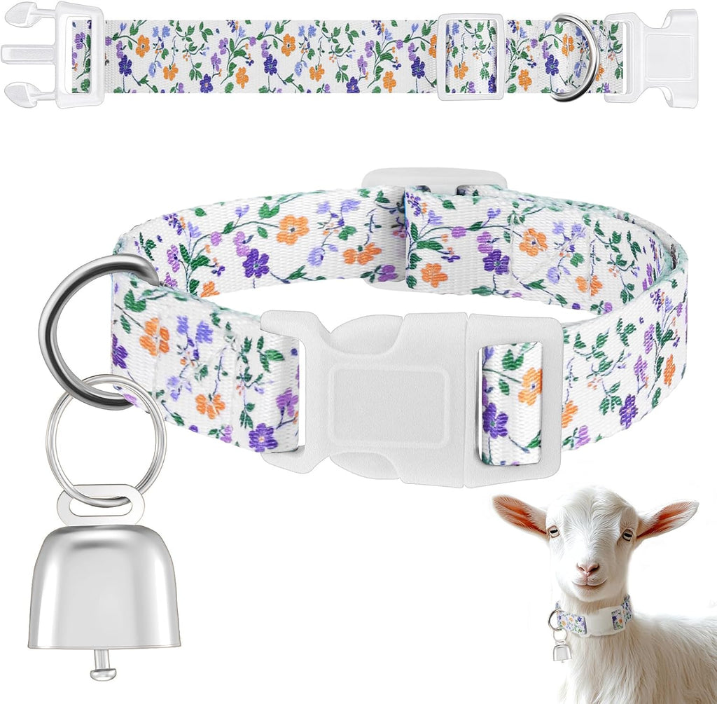 Talltalk goat collar with bell floral purple front view showing adjustable strap and copper grazing bell.