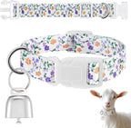 Talltalk goat collar with bell floral purple front view showing adjustable strap and copper grazing bell.