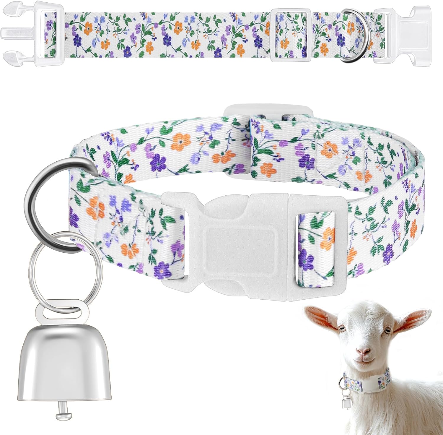 Talltalk goat collar with bell floral purple front view showing adjustable strap and copper grazing bell.