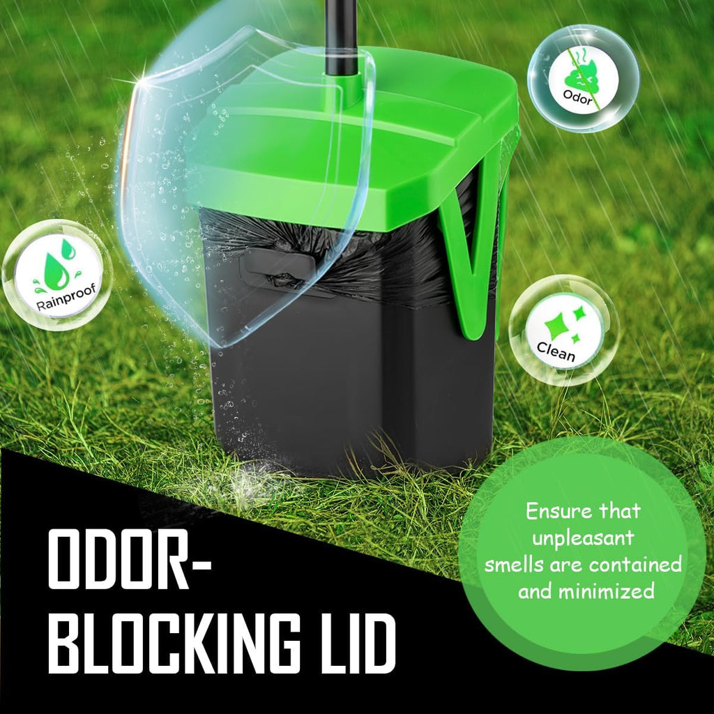 FUSBUNTY long handle dog rake scooping waste on grass lawn.