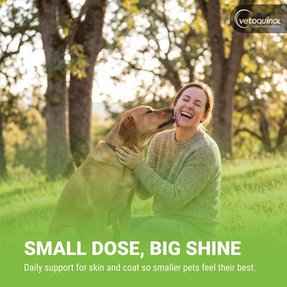 Vetoquinol imported pet health supplement packaging overview emphasizing the integrated vitamin blend benefits