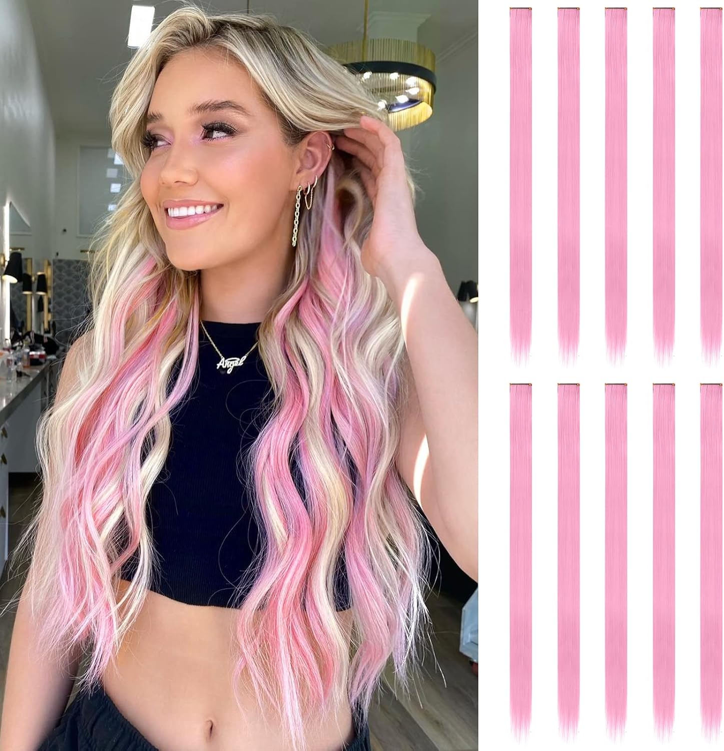FESHFEN colored clip in hair extensions front view featuring pink highlighted hairpieces