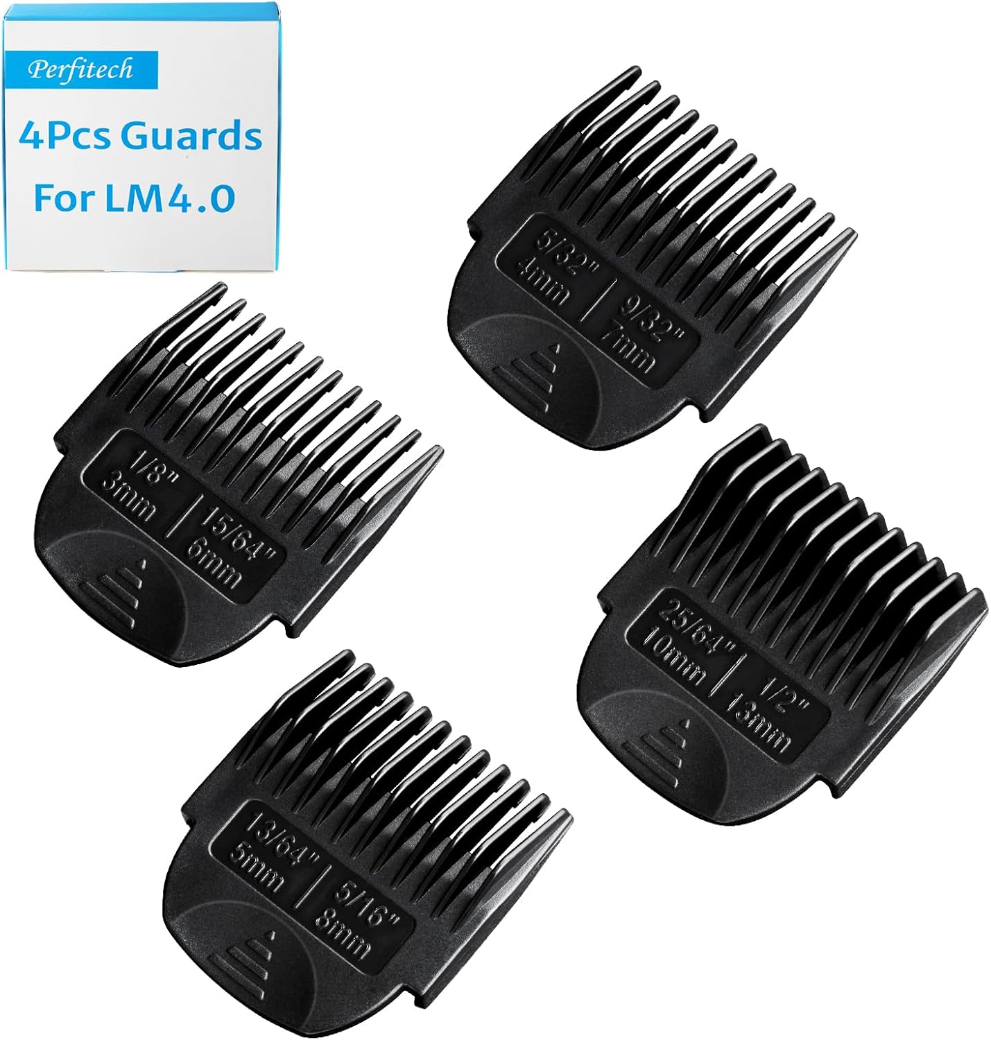 Perfitech trimmer guards front view showcasing four black plastic dual-sided grooming attachments