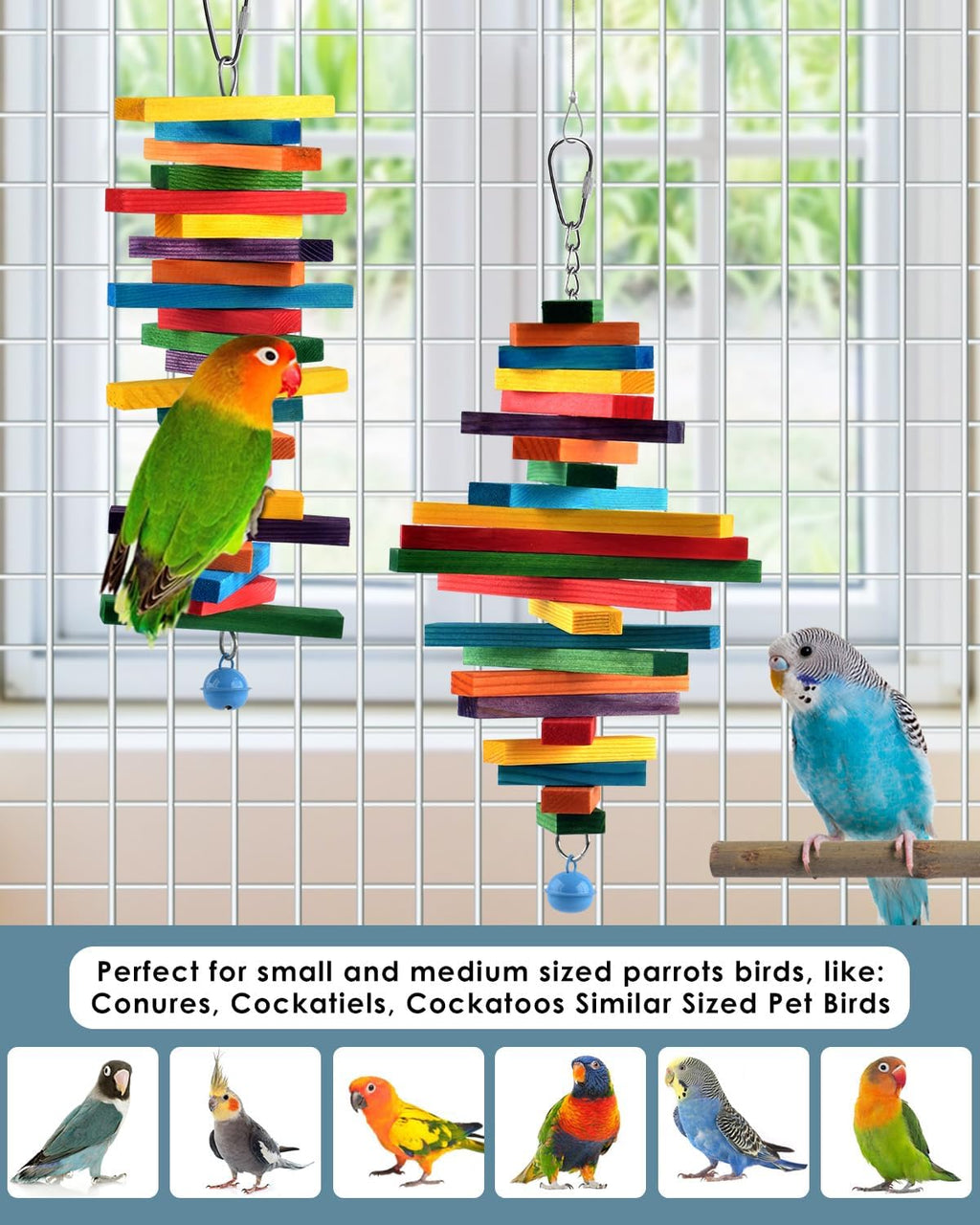 Detail shot of food-grade colored wooden pieces on bird toy