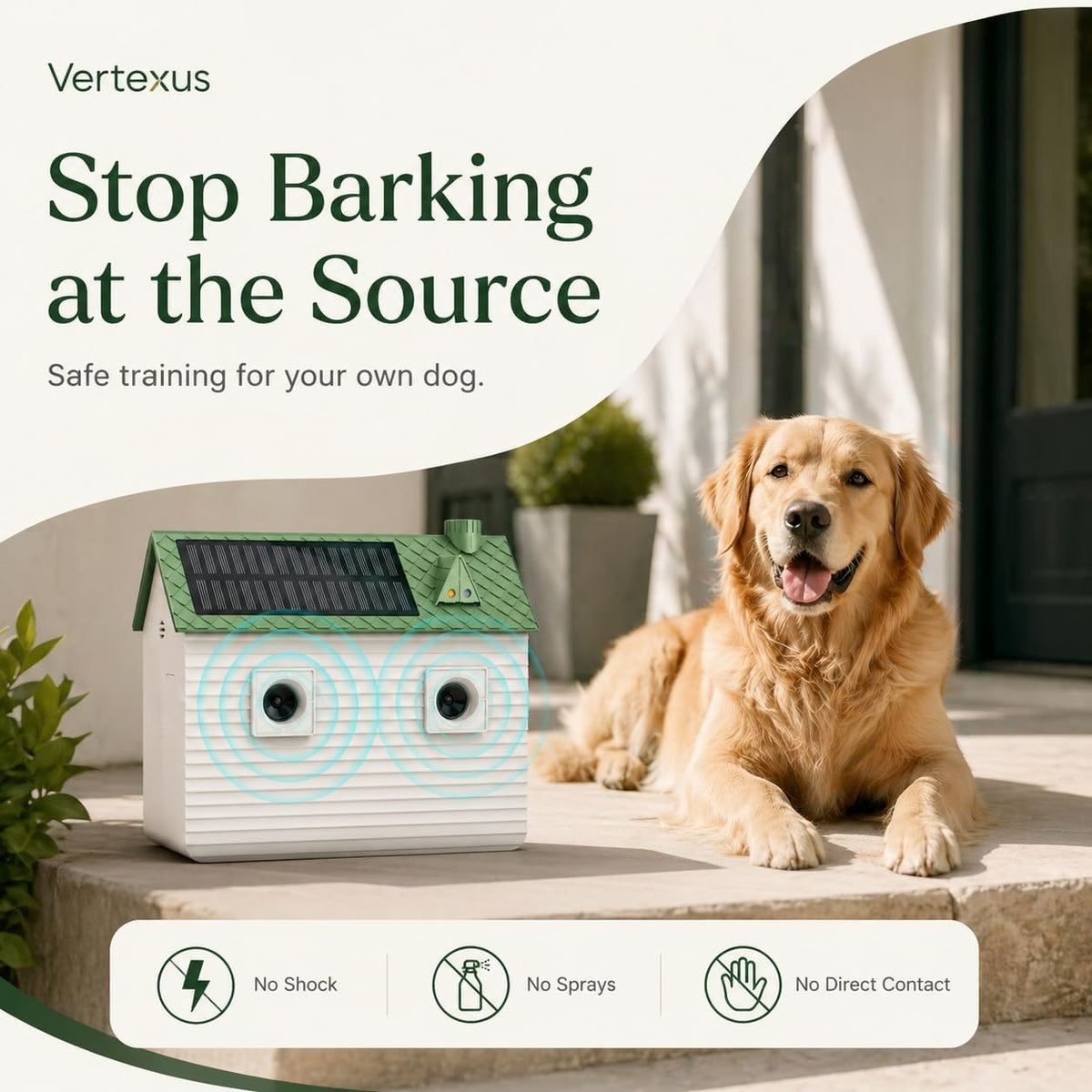 Vertexus bark deterrent device mounted in outdoor garden setting