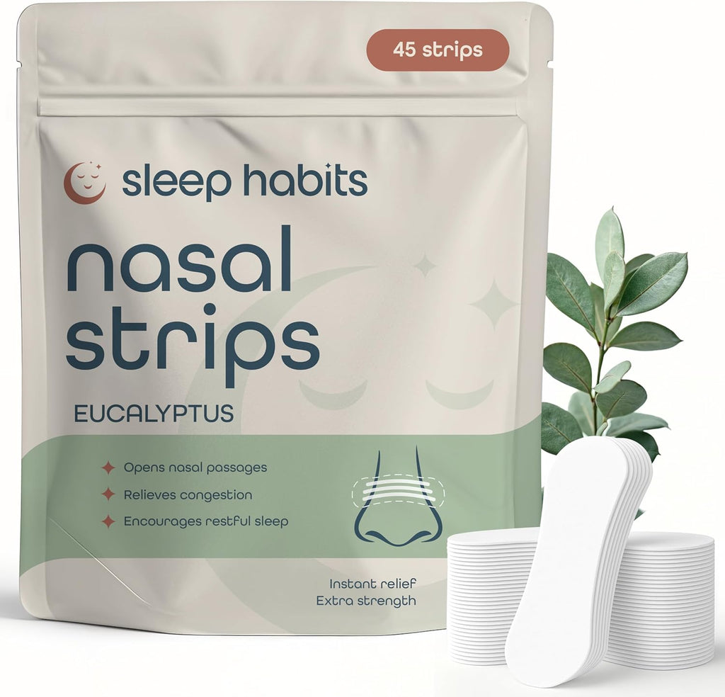 SleepHabits Breathing Strips 45 count front view showing eucalyptus packaging.